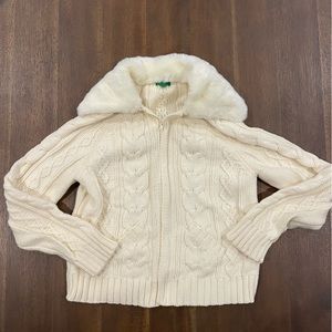 United Colors of Benetton cable knit zipup cream cardigan w faux fur collar